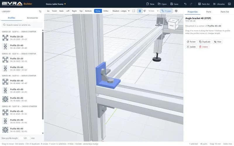 BIVRA Builder: profile library, 3D frame view and properties panel