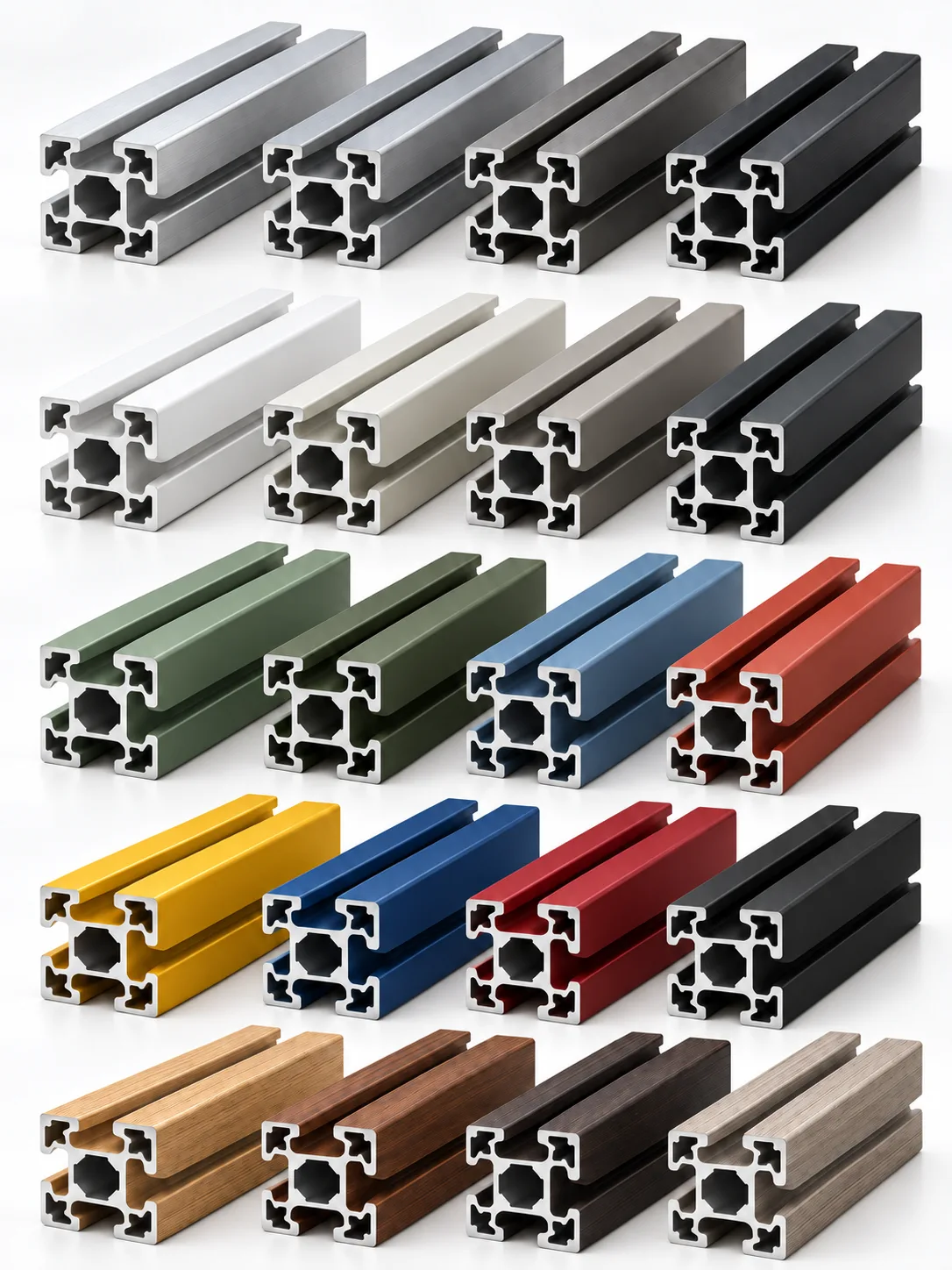 BIVRA 45x45 aluminium profiles in raw, anodized, RAL colours and wood-effect finishes